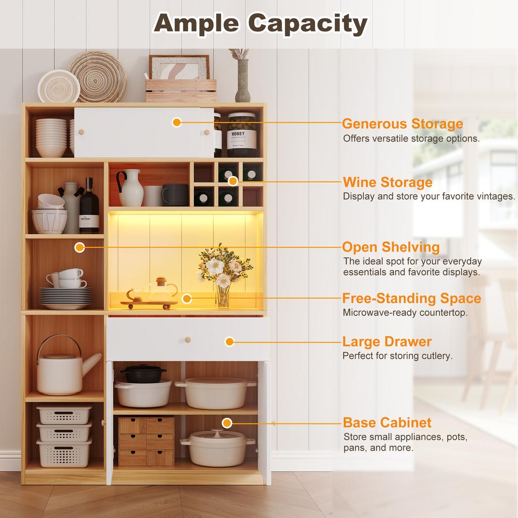 Kitchen Cabinet with LED Buffet Cabinet, with One Drawer, Three Doors and Shelves for Storing Cutlery, Large Space for Microwave. W115×D35×H180cm