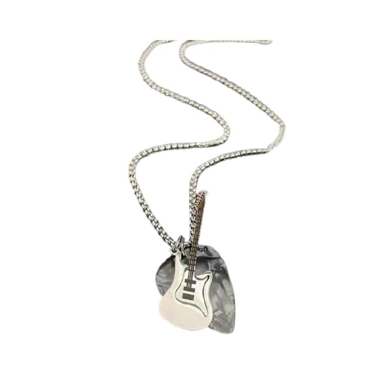 Metal Chain Guitar Pick Pendant Necklace Music Inspired Titanium Steel Jewelry for Streetwear Looks and Gift Giving