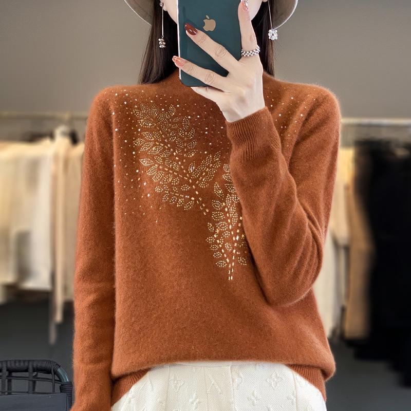 Rhinestone Wool Sweater for Women, Autumn/Winter Collection: Half-High Neck, Knitted, Long & Loose Fit.