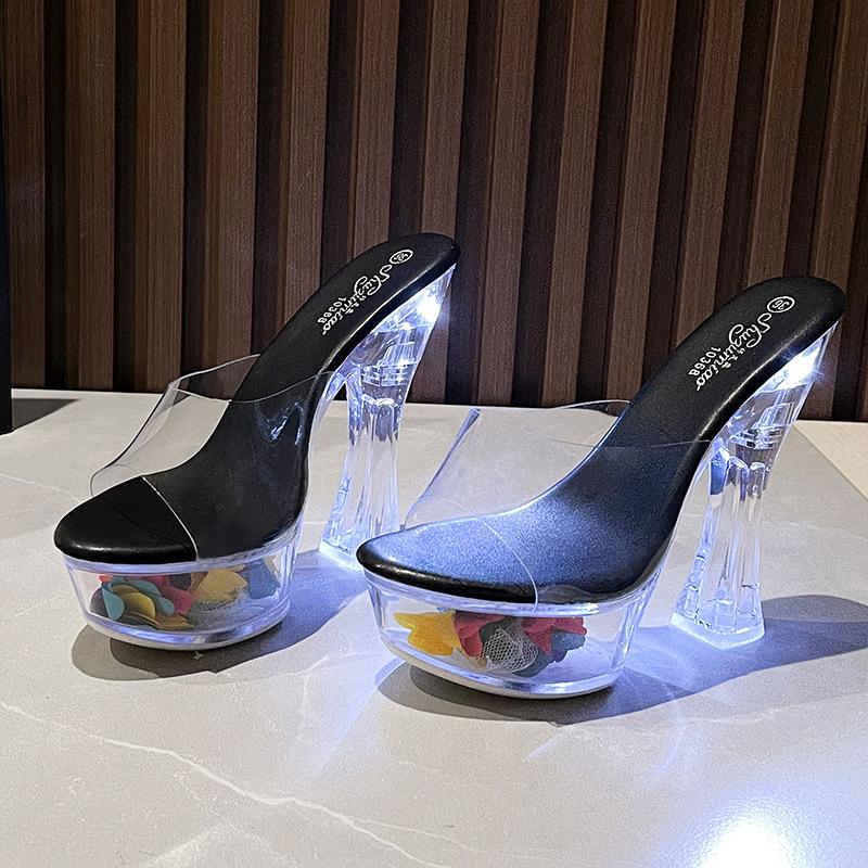 

Женские сексуальные туфли на высоком каблуке со светящейся металлической пряжкой на 14 см, блочном каблуке, очень высоком каблуке и платформе, LFD-10365-68 43