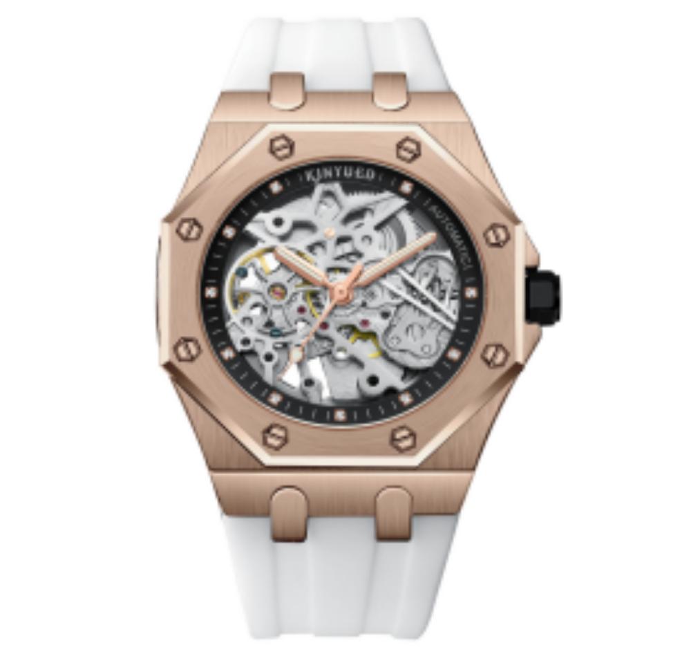 KINYUED Octagonal Hollow Skeleton Watch Men Rose Gold White Silicone Band Sports Luxury Waterproof Quartz Wristwatch Gift