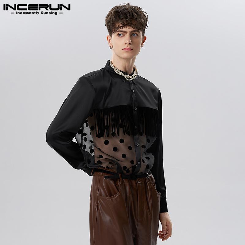 

INCERUN Мужские весенние атласные прозрачные рубашки с длинными рукавами в горошек