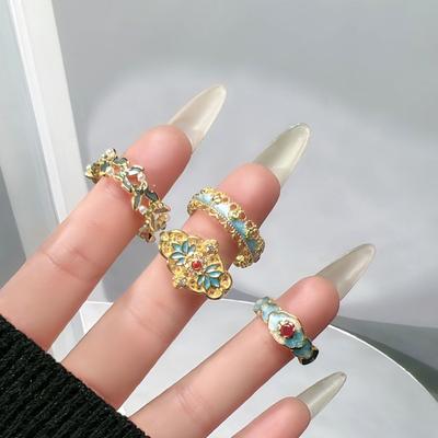 Translucent Chinese Vintage Rings Exquisite Metal Open Rings Fashion Enamel Ring  Jewelry Gift