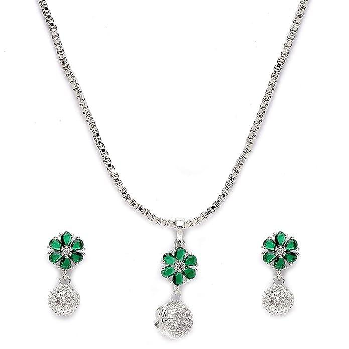 Rhodium-Plated Silver Toned Green Cubic Zirconia Studded Floral Shaped Cute Pendant with Earrings Jewellery Set