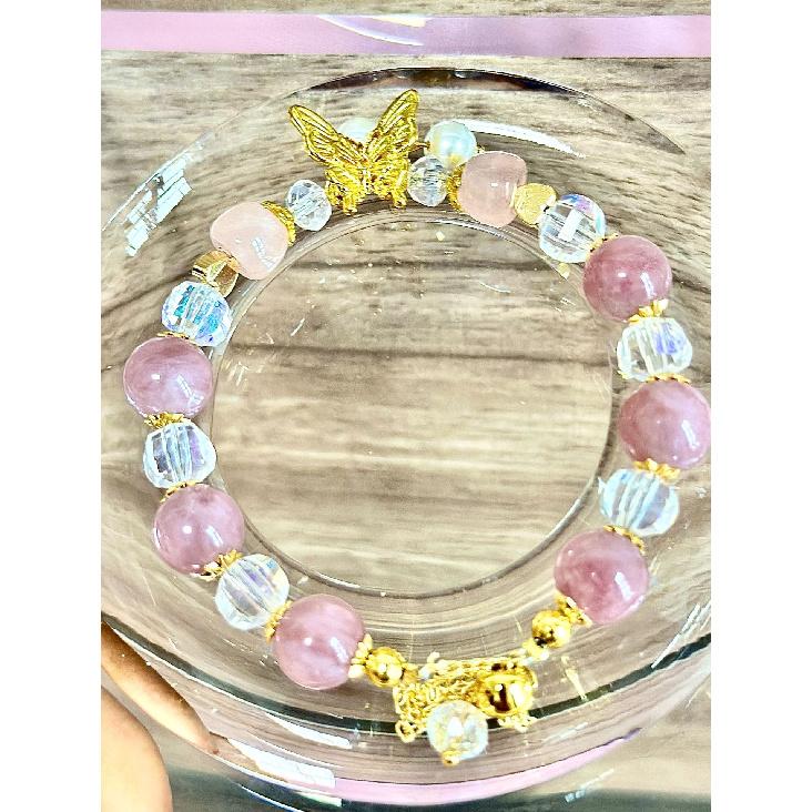 Natural Five Elements Multi-Gemstone White Crystal, Amethyst, Green Phantom Quartz, Strawberry Quartz Multi-Gemstone Single-Strand Bracelet for