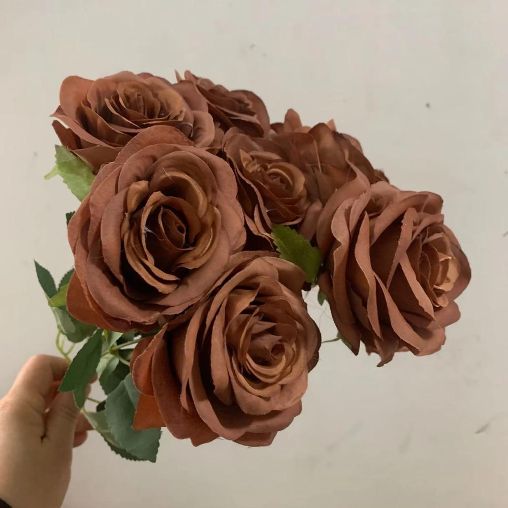 9Heads Roses Bouquet Artificial Flower Brown Coffee Rose Fake Rose Home Decoration Wedding