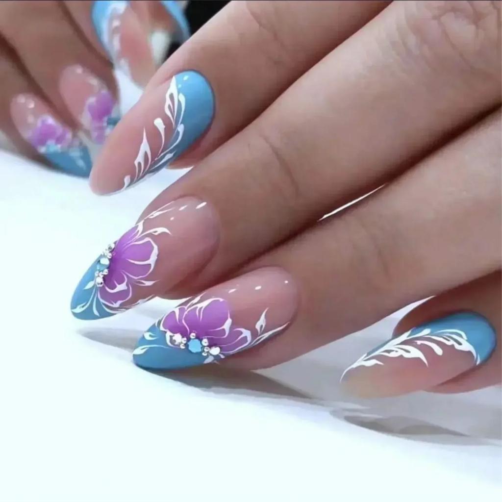 24Pcs Long Almond Press On Nails French Pink Wave Line Design Detachable Fake Fingernails Manicure Tips