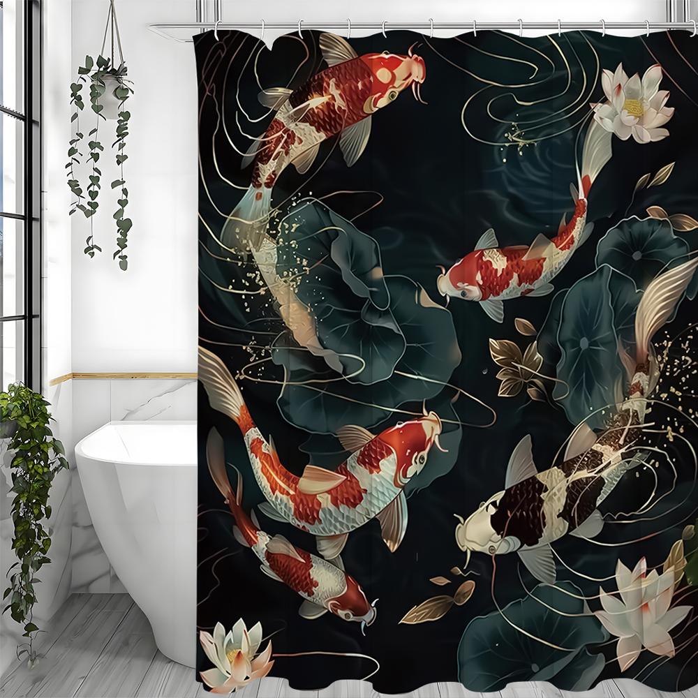 Jessica Chen Koi Lotus Leaf And Lotus Flower Shower Curtain, Bathroom Decorative Shower Curtain, Waterproof Shower Curtain