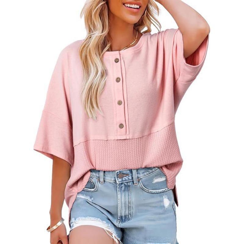Summer New Women's Fashion Three-quarter Sleeve Casual Round Neck Buttoned Splicing Loose T-shirt