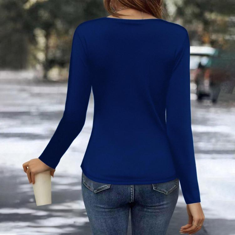 Top da Donna in Seta di Latte a Maniche Lunghe alla Moda Casual con Collo Asimmetrico e Bottoni T-shirt