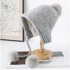 Korean Hairball Strap Solid Color Double-Layer Knitted Bomber Hat Women Simple Casual Versatile Cute Wool Pompom Beanie Cap