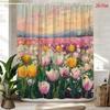 2D Flat, 2D Flat, 1pc 2D Flat Spring Tulip Shower Curtain | Colorful Floral Landscape Polyester Bathroom Decor with 12 Hooks,