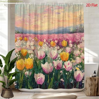 2D Flach, 2D Flach, 1 Stück 2D Flache Feder Tulpe Duschvorhang | Bunte Blumenlandschaft Polyester Badezimmer Dekor mit 12 Haken,