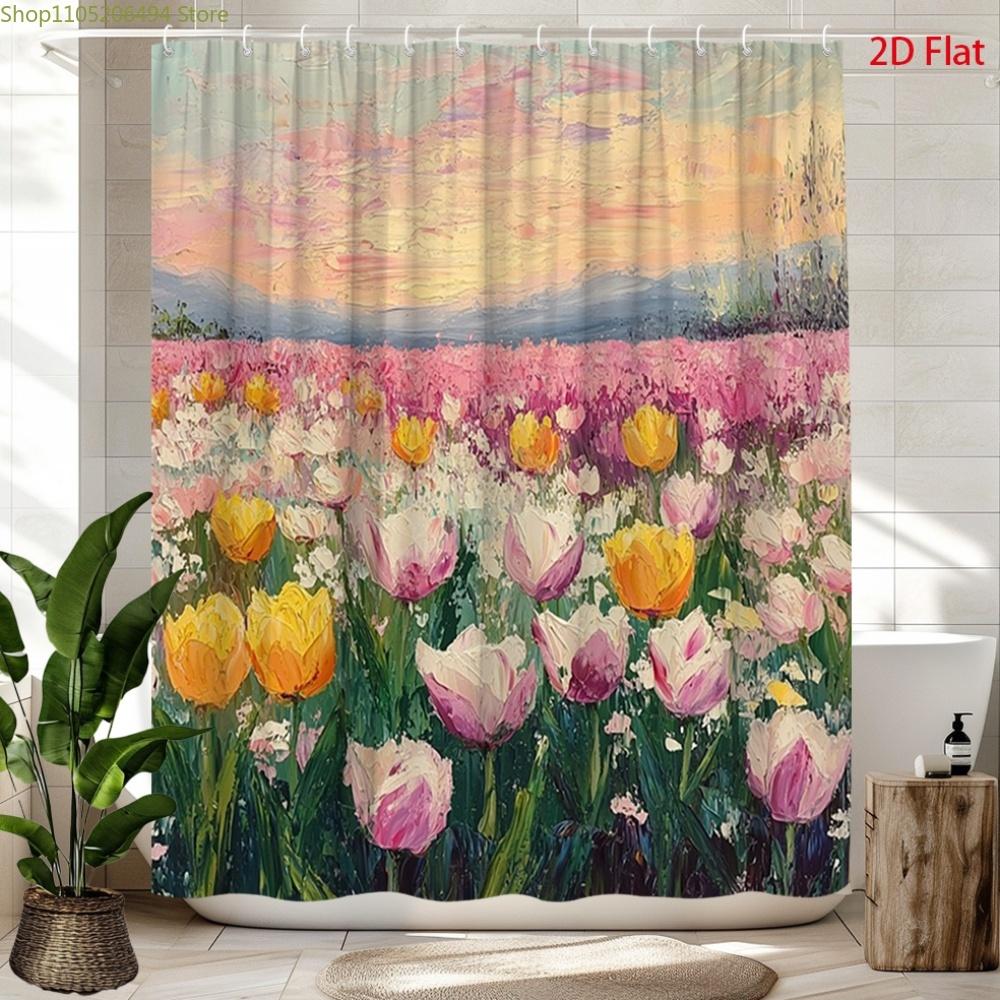 2D Flat, 2D Flat, 1pc 2D Flat Spring Tulip Shower Curtain | Colorful Floral Landscape Polyester Bathroom Decor with 12 Hooks,