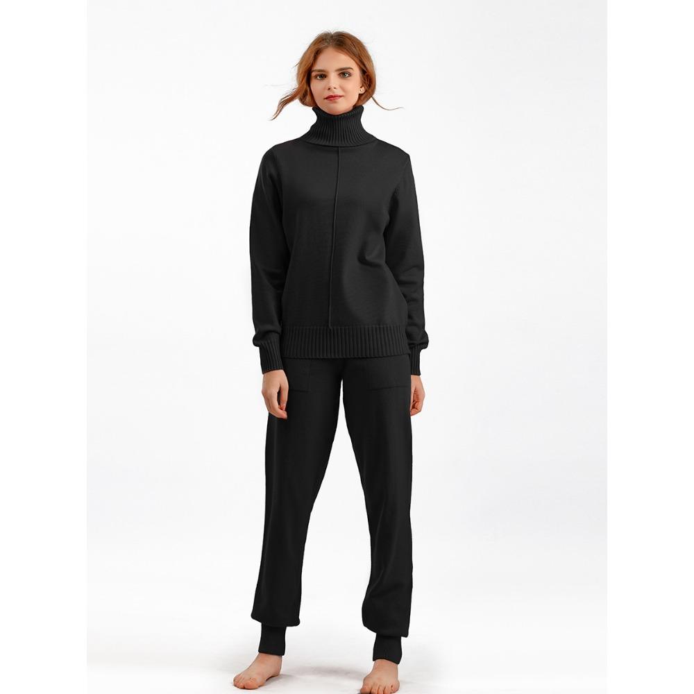 QICED Casual and Fashionable Autumn and Winter High-neck Solid-color Sweater Knitted Two-piece Set