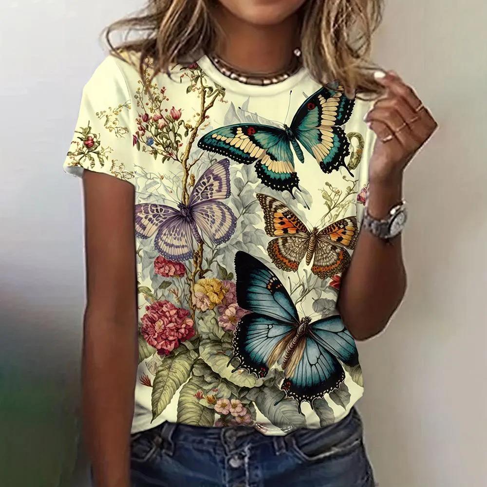T-shirt da donna estiva a girocollo con stampa fantasia farfalla 3D, alla moda e casual a maniche corte