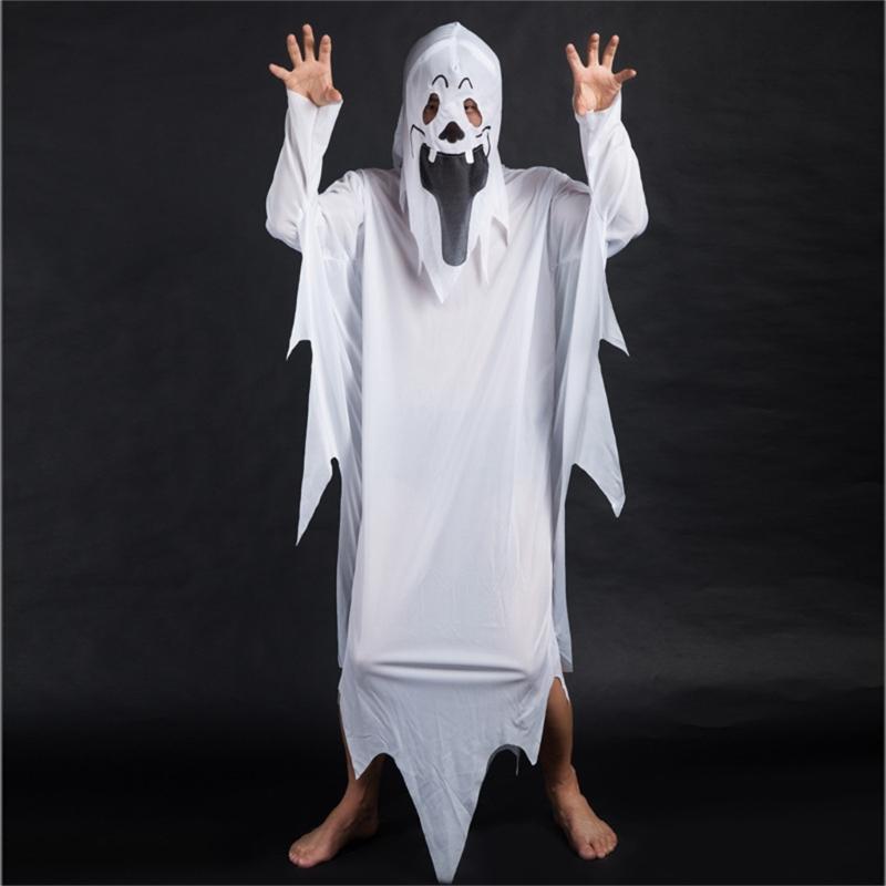 Adult Scary Smiling White Dress with Scary Face, Men Womens Halloween Cloak Cape for Cosplay Photo Props
