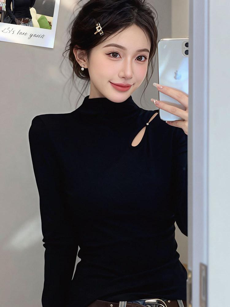 Damen Elegante Schlanke Passform Hoher Kragen Cut-Out Fleece Thermo-Unterhemd - Langarm Herbst/Winter Oberteil