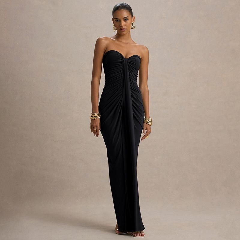 

Women Sleeveless Strapless Ruched Maxi Dress Solid Color Elegant Formal Evening Dress L чорний