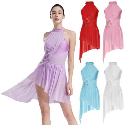 Damen Lyrische zeitgenössische Tanzkleidung mit Applikationen, High-Low-Mesh-Splice-Rock, ausgefallenes Eislaufkostüm, Ballettkleider, Tanzparty