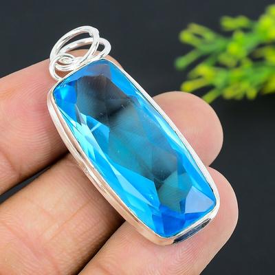 Natural Blue Topaz Gemstone Handmade 925 Sterling Silver Pendant 2.01" K9M92