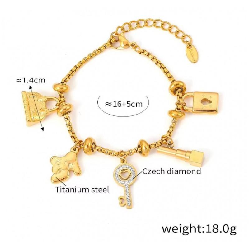 Vintage-Inspired Rhinestone Pendant Charm Bracelet Women 18K Gold Plated Titanium Steel Hypoallergenic Fade-Resistant