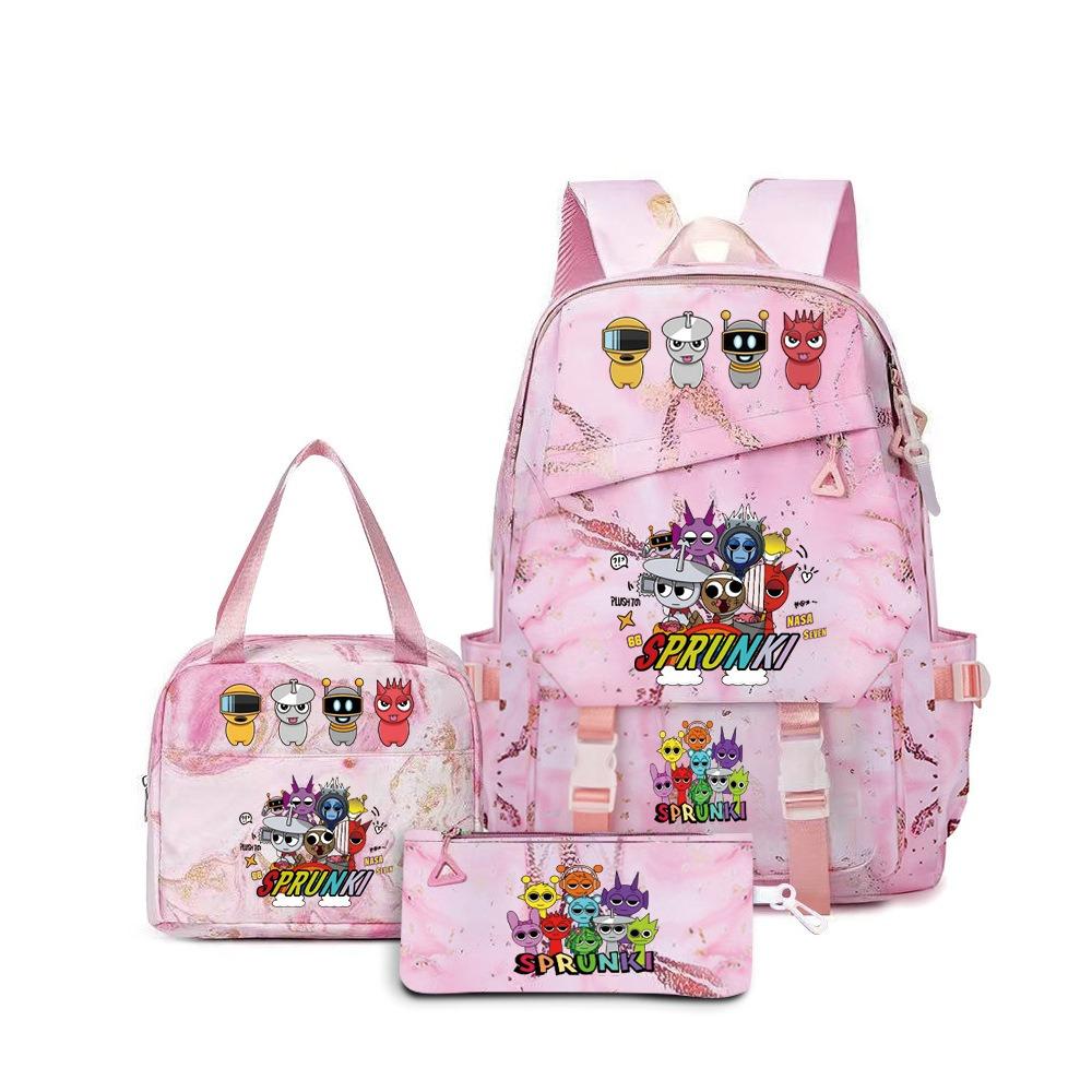 Rhythm box music game heat transfer backpack Sprunki pink schoolbag portable lunch bag stationery pencil case D