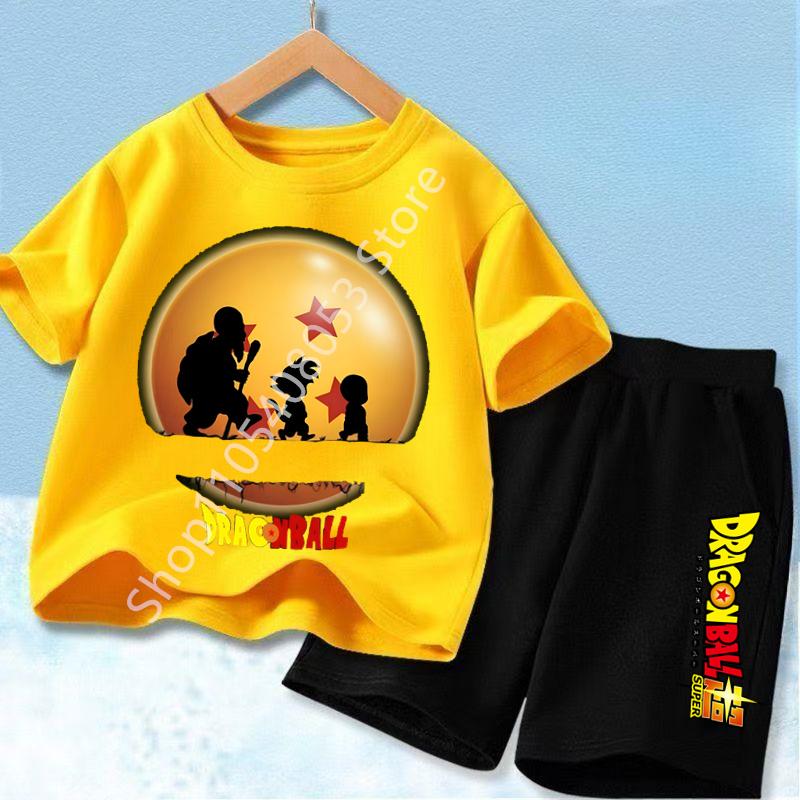 2026 Anime Cool Goku Dragon Ball Z Boys CosPlay Short Sleeve Shorts with Pocket Beach Pants Breathable Polyester T-shirt Kids Suit
