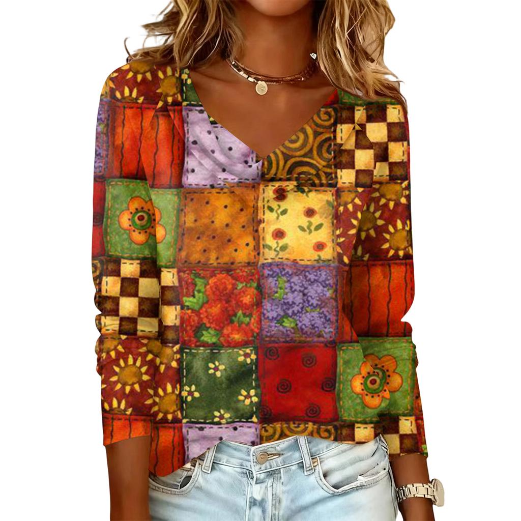 Ladies' Plaid Printed Casual and Fashionable Long Sleeved Pullover Top