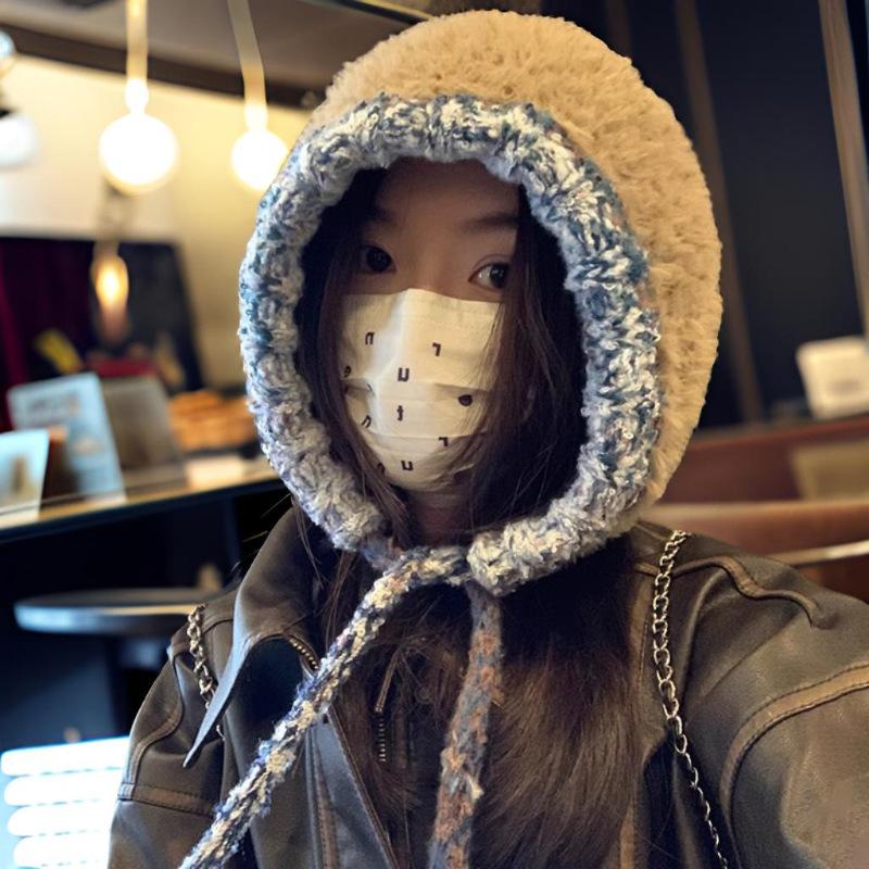 

Korean New Cute Little Bear Wool Hat for Women In Winter Showing Face Small Warm Knitted Hat Big Head Surround Ear Protecting Hat Adjustable