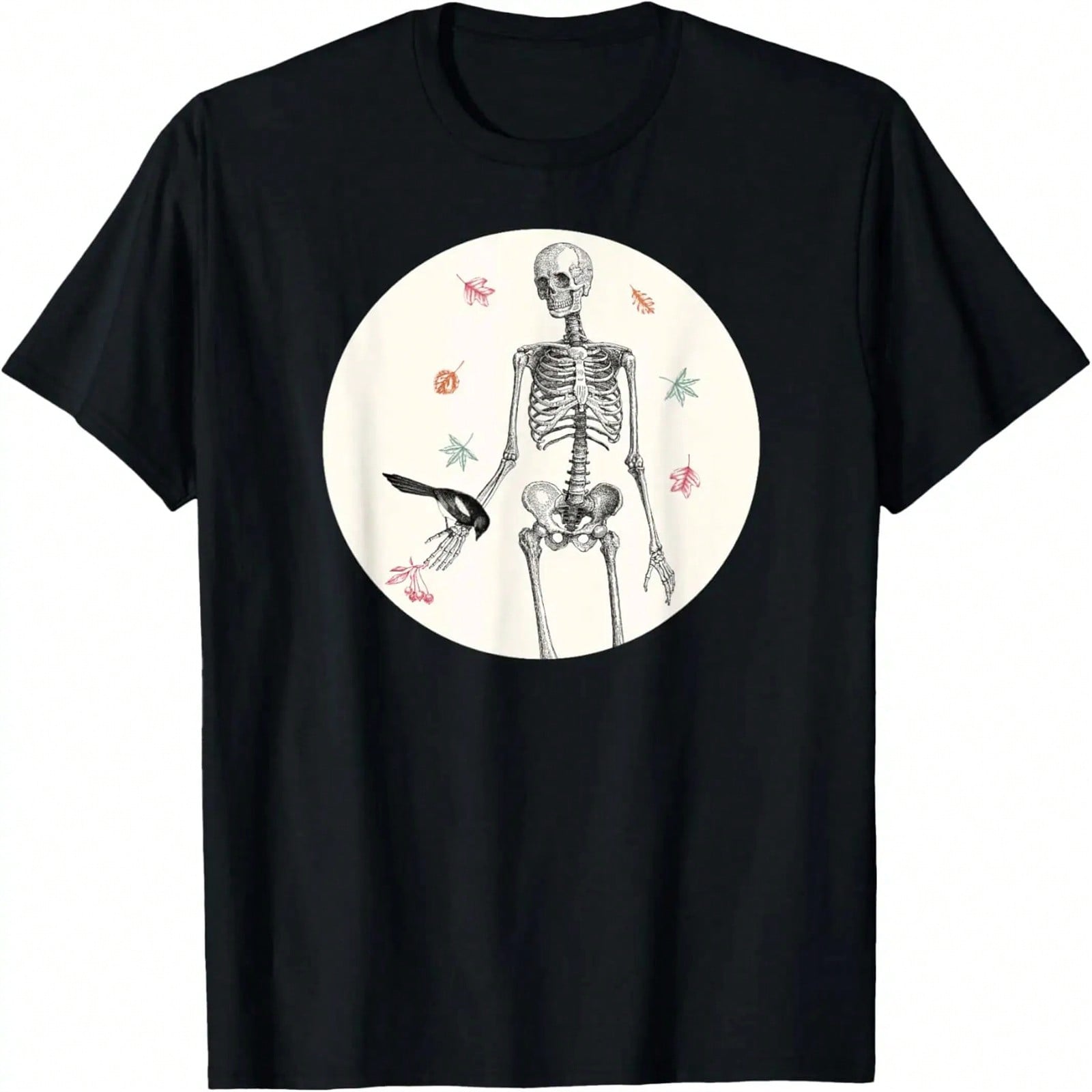 Vintage Skeleton And Bird With Fall Leaves T-Shirt S разноцветный
