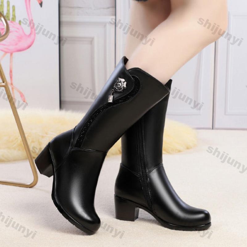 Fashion Women Pointed Toe Knee High Boots Winter New Trend Chunky Pumps Fashion Mid-calf Fleece Warm Shoes Ladies High Heel Cotton Shoes