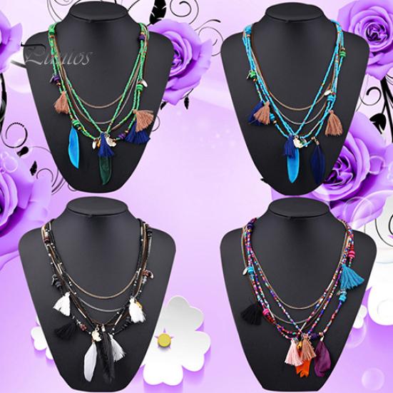 Women's Boho Ethnic Style Feathers Tassels Beads Multi-layer Chain Necklace