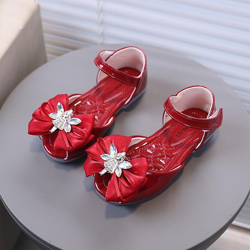 Girls' Angel Button and Bow-Decorated Patent Leather Soft-Sole Princess Shoes / Fish-Mouth Children's Princess Sandals