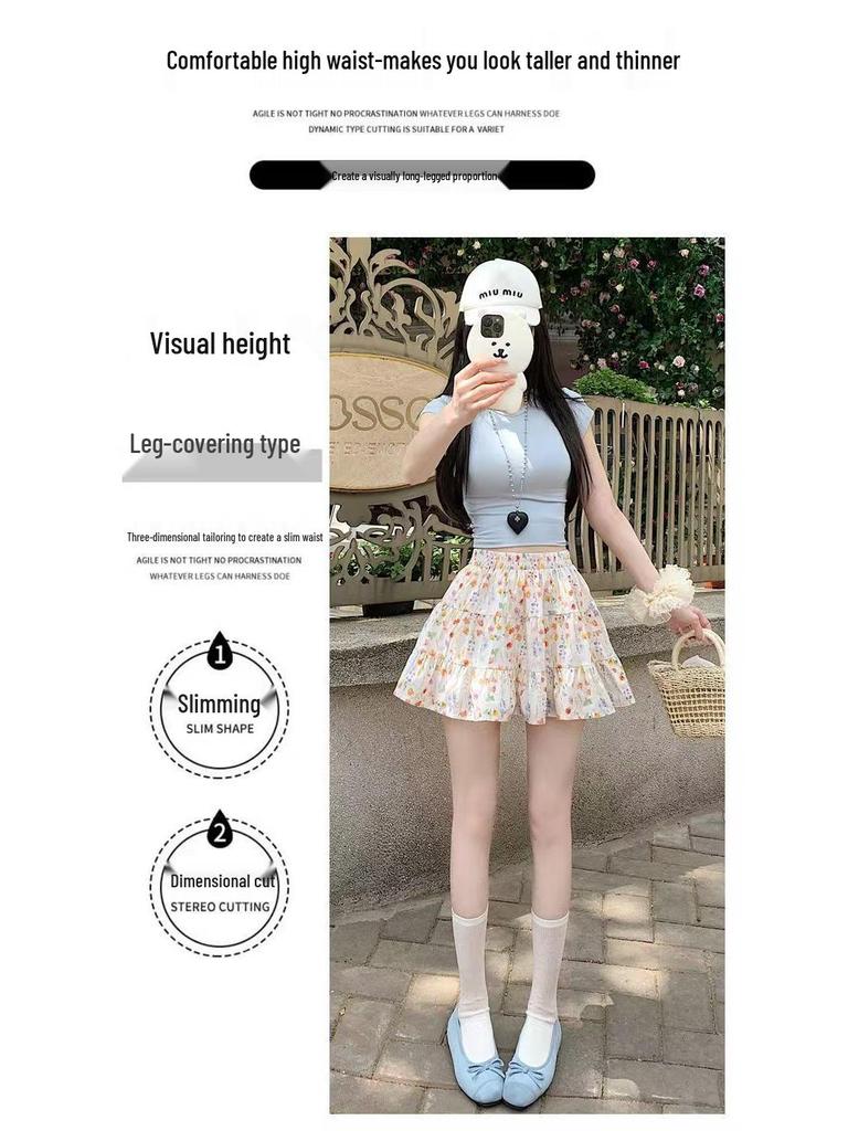 Women's Floral Print A-Line Mini Skirt - Summer High Waist, Slimming Korean Style, Sweet Pleated, Petite Layered Cake Design