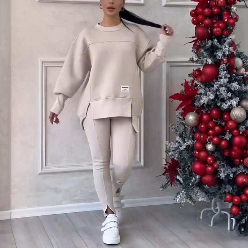 Set Due Pezzi Donna Felpa Irregolare Maniche Lunghe Pullover Top Pantaloni Autunno Inverno Lady Tinta Unita Largo Outfit M L
