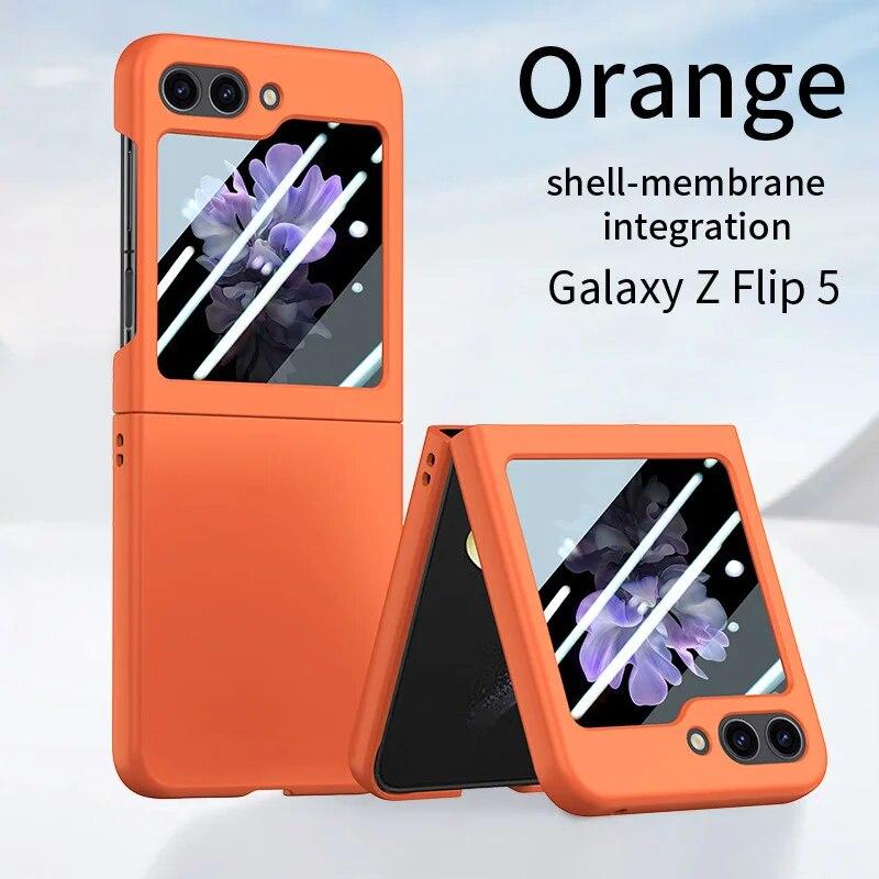 

Чехол для Samsung Galaxy Z Flip 5 5G, ультратонкий чехол на ощупь, сплошной цвет с закаленным стеклом, полный чехол на 360 градусов для Z Flip5 For Galaxy Z Flip 5 оранжевый