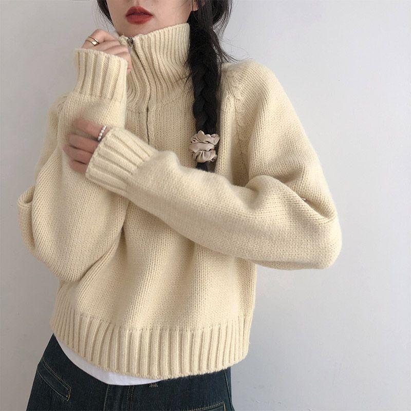 Women's Short-Length Korean-Style Half-Zip High Neck Sweater Autumn Winter Loose Lazy-Style Thickened Knitted Top