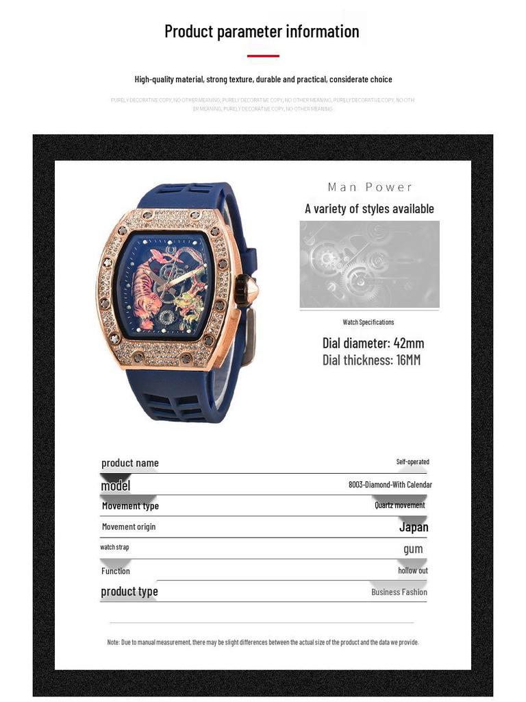 Men's Trendy Barrel-Shaped Full Diamond Quartz Watch with Calendar