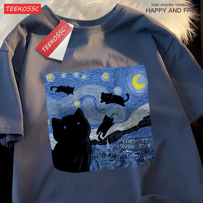 Oil Painting The Starry Cat Night Tshirt Men Women Casual Breathable Summer Tshirts Oversized Loose T Shirt Cotton Clothing