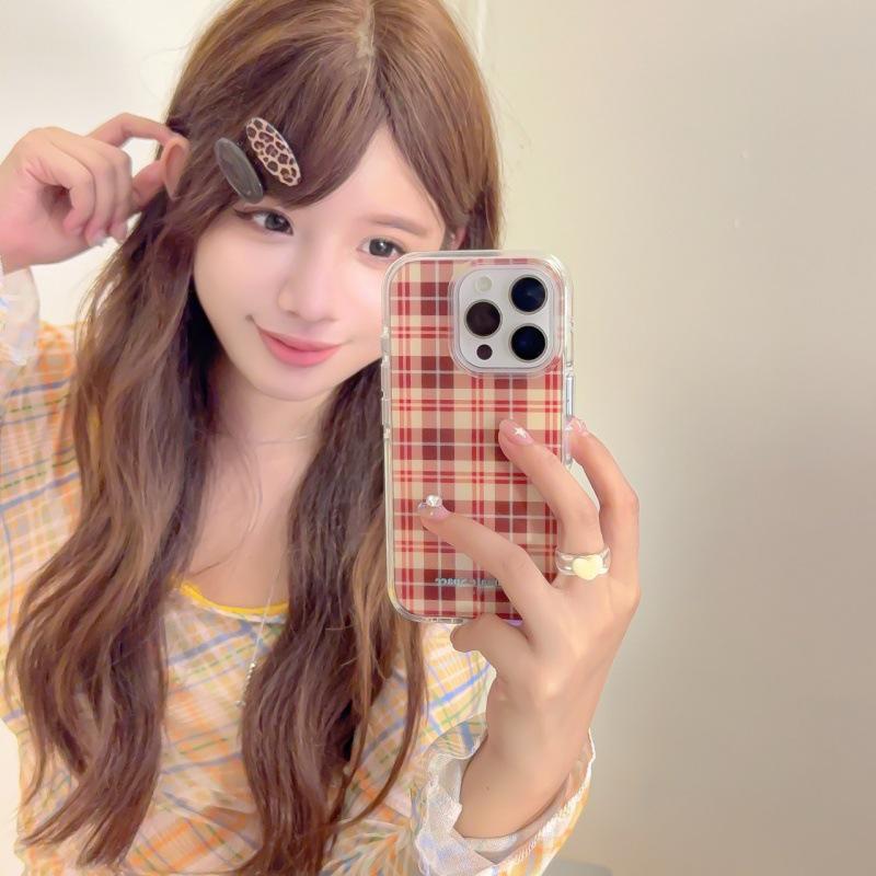 Korean Autumn/Winter Plaid Case for iPhone 17 Pro Max - Brown & Orange for Women