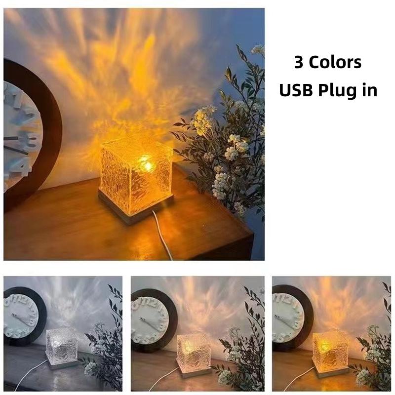 3/16 Colors Dynamic Rotating Water Ripple Projector Night Light Flame Crystal Lamp for Living Room Study Bedroom Bedside Decor