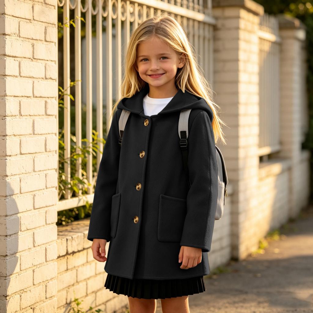 Girls Casual Mid-Length Wool Coat with Lapel and Button Front