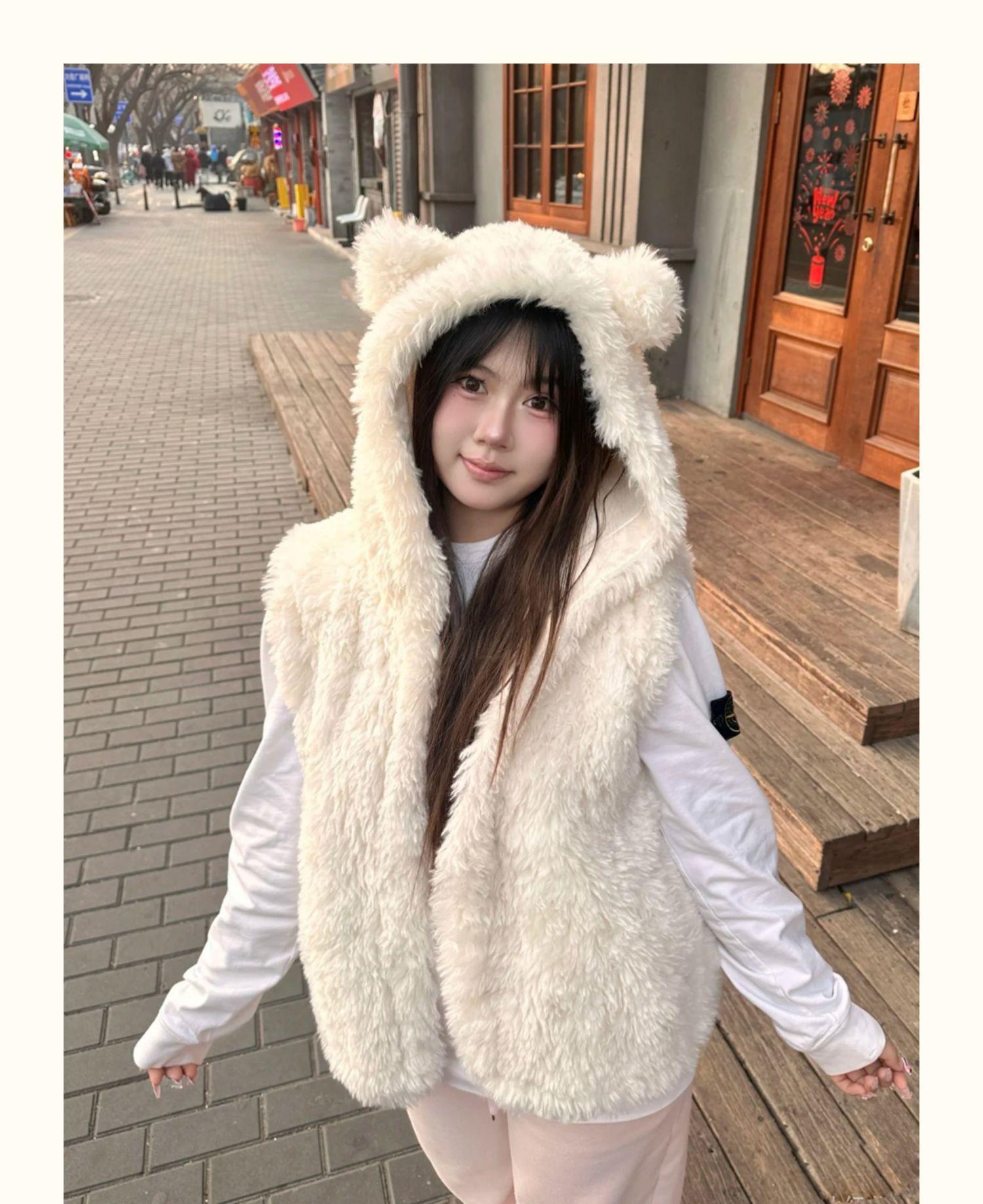 Women s Cute Bear Ear Hooded Vest Faux Lamb Fleece Sleeveless Open Front Waistcoat Lazy Style Casual Warm Winter Tank Jacket S