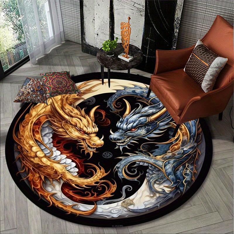 Round Dragon Pattern Non-Slip Area Rug, Anti-Shedding Polyester Carpet for Office Bedroom Porch, Washable Indoor Decor Mat