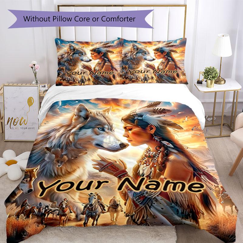 3pcs Custom Name Wolf Spirit Journey Bedding Set Printed Bedding Set Duvet Cover Closure Includes 1 Duvet Cover & 2 Pillowcases Bedroom Decor