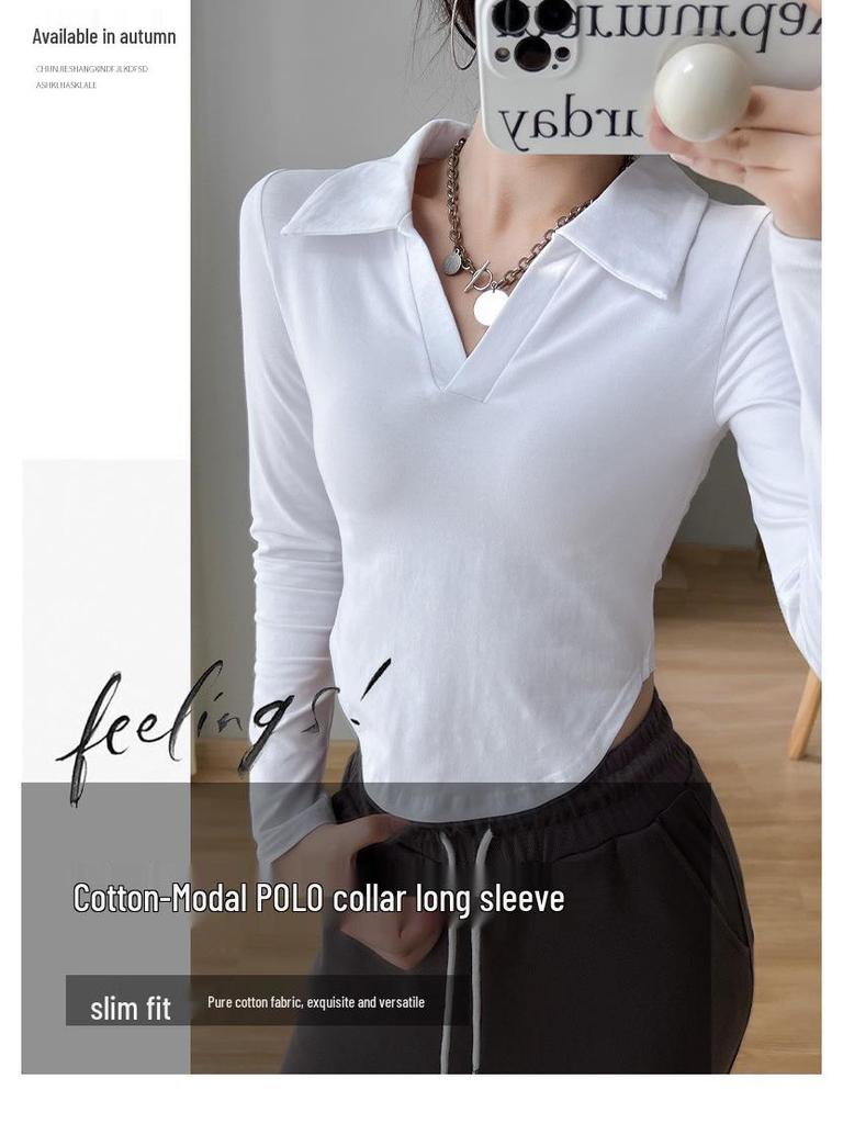 Women's Black Pure Cotton Polo Collar Long-Sleeve Slim-Fit T-Shirt, Curved Hem, Versatile Spring/Autumn Style.