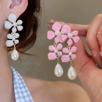 Oil-dripping Pearl Flowers Tassel Earring for Women 2025 French Retro Sweet Drop Earrings  High-end Luxury Designer Zircon