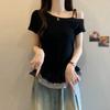 Summer Korean version irregular slanted shoulder splicing lace plaid hem top fashionable sweet and versatile waist short-sleeved women