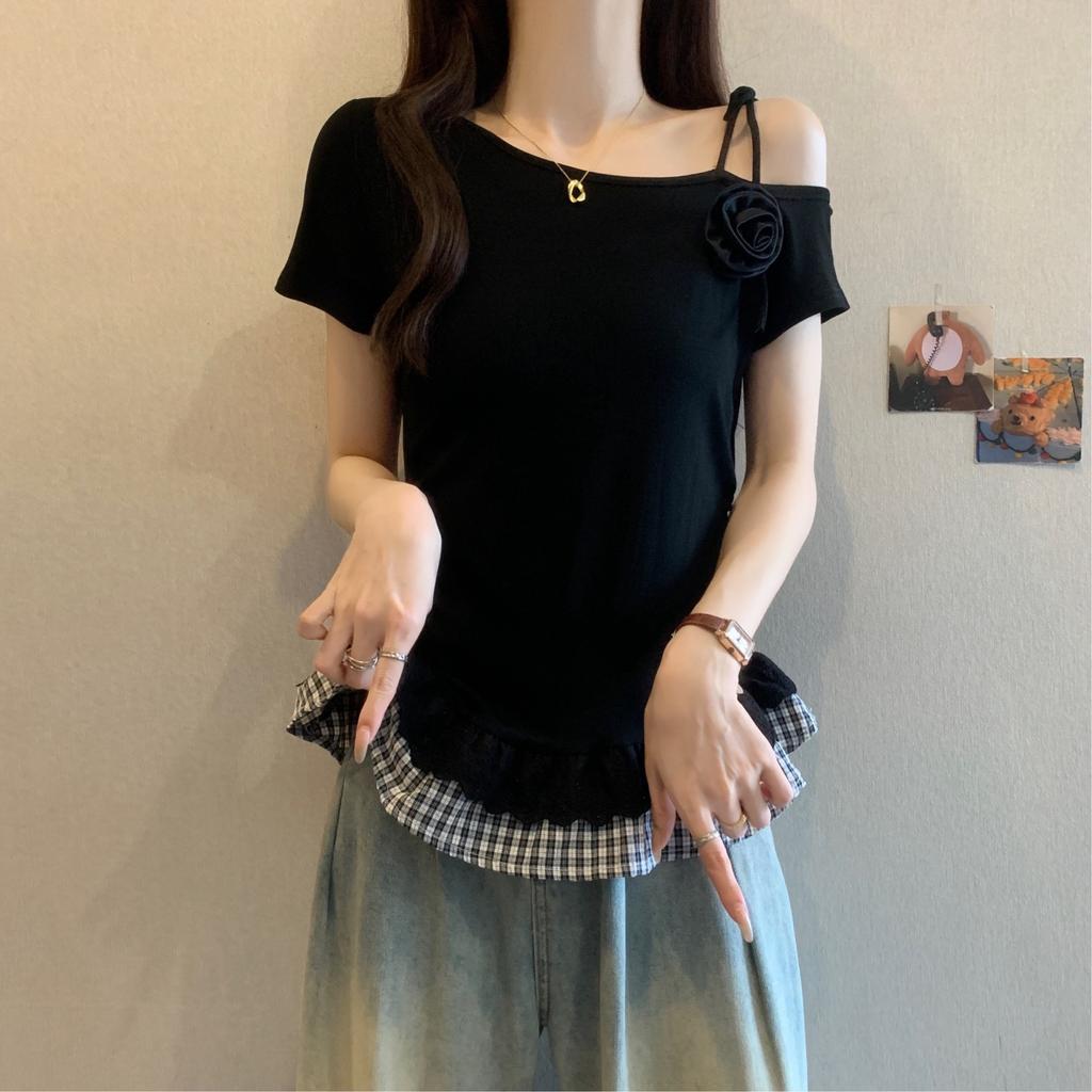 Summer Korean version irregular slanted shoulder splicing lace plaid hem top fashionable sweet and versatile waist short-sleeved women